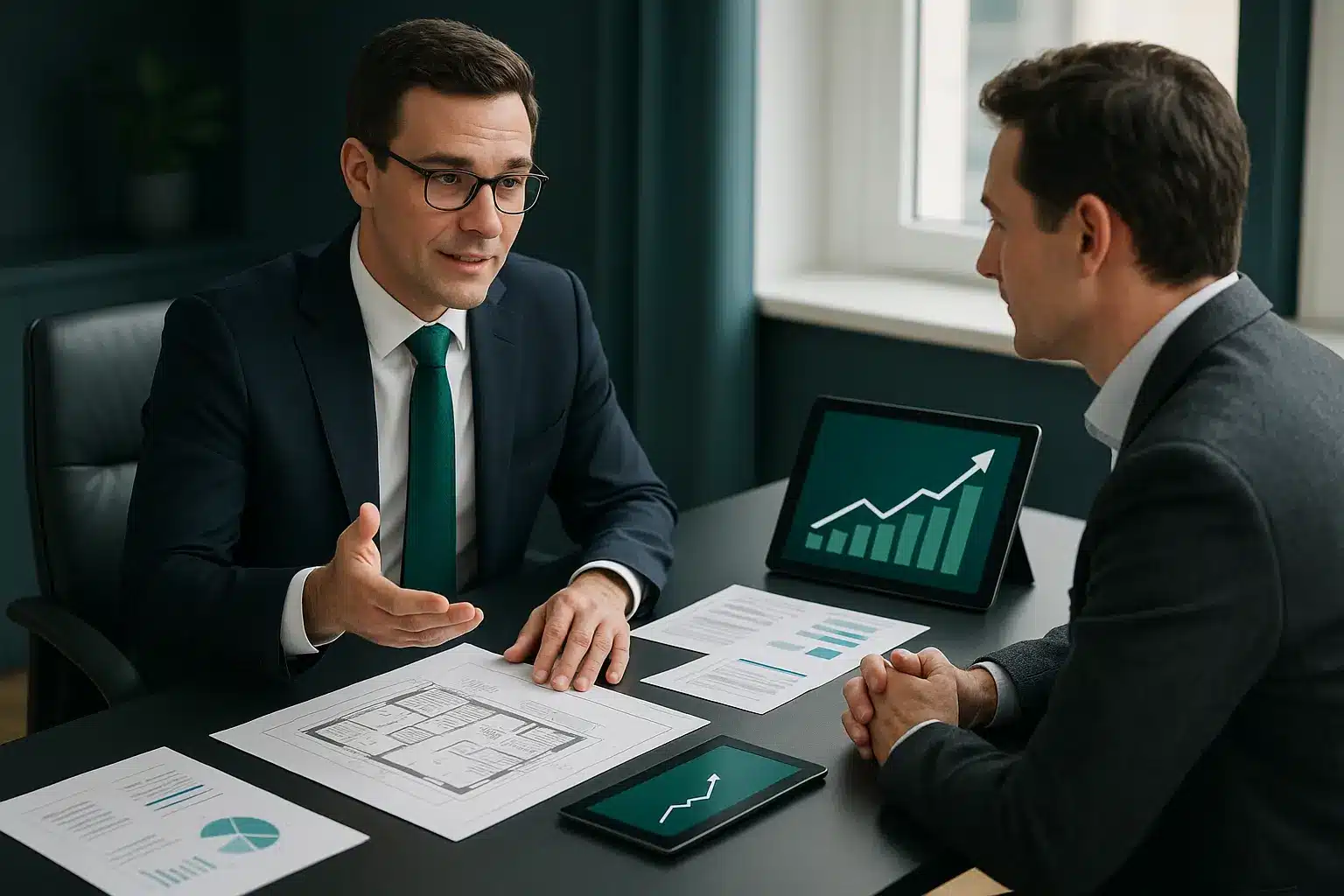 Illustration d'un notaire et d'un <strong>investisseur discutant d'un projet immobilier</strong>