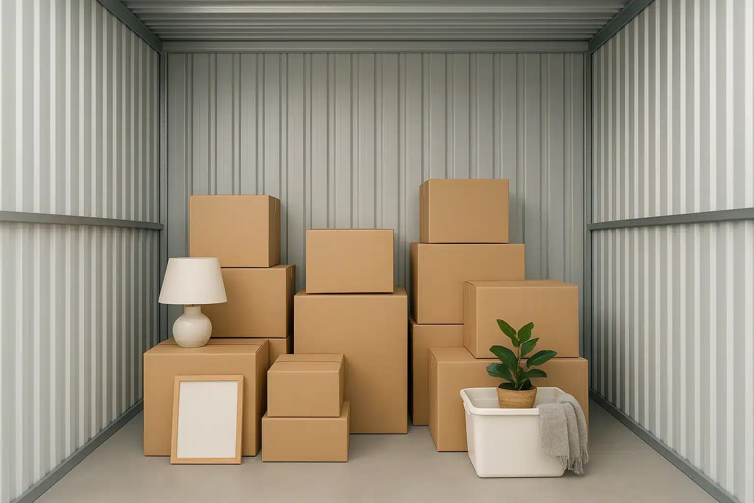 Box de stockage bien organisé avec des cartons étiquetés et un espace optimisé