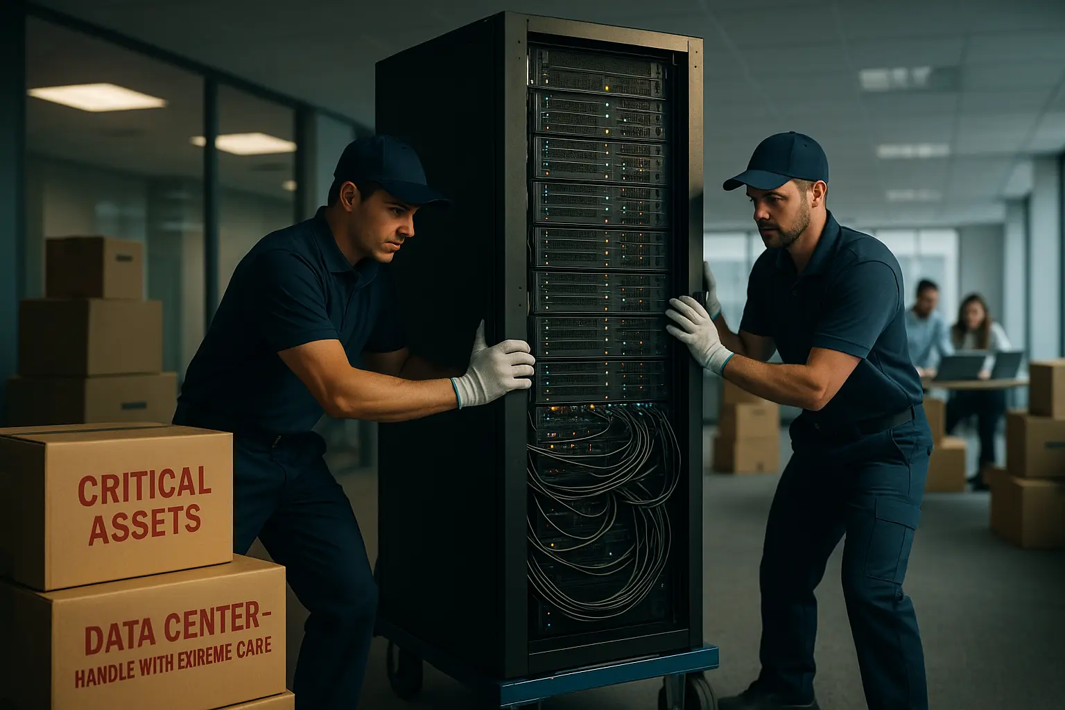 Déménagement de serveur informatique critique dans un bureau moderne