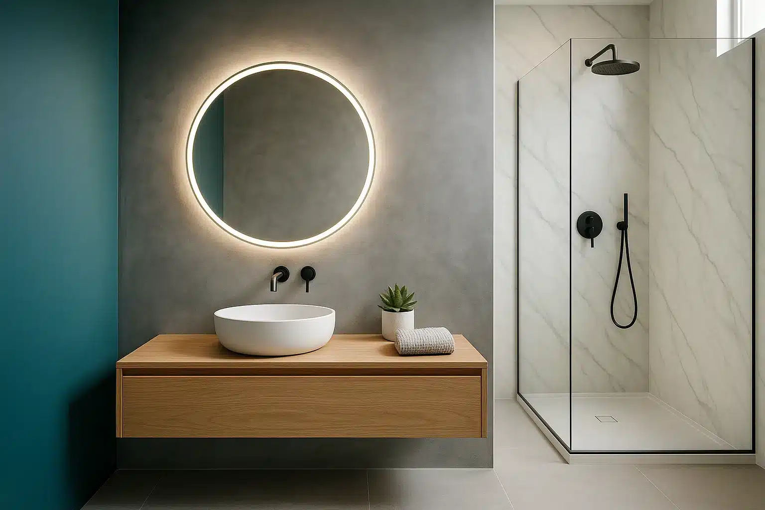 Salle de bain moderne avec textures murales variées