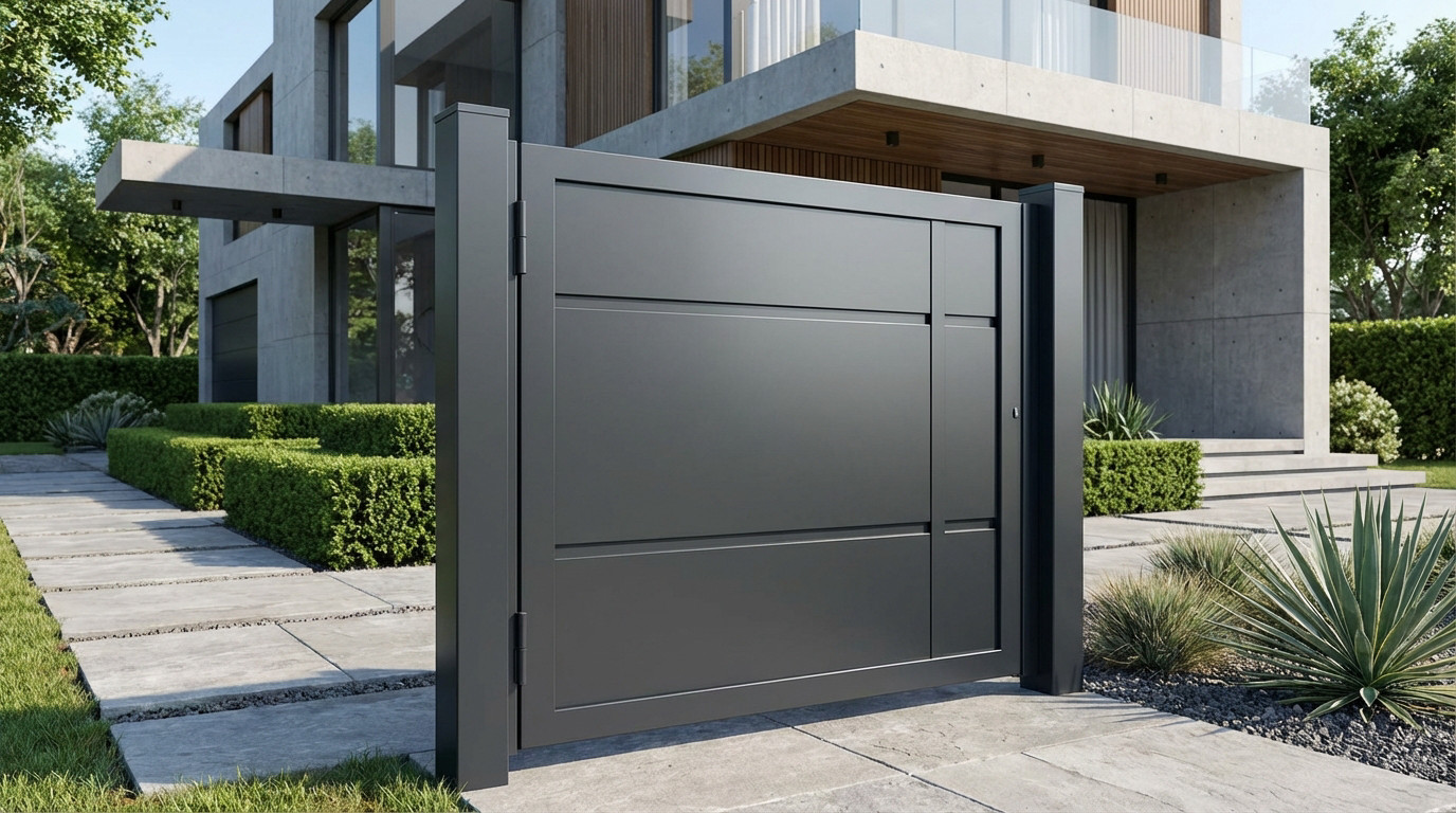 Portail en aluminium gris anthracite de 4 mètres au design moderne et épuré devant une maison contemporaine