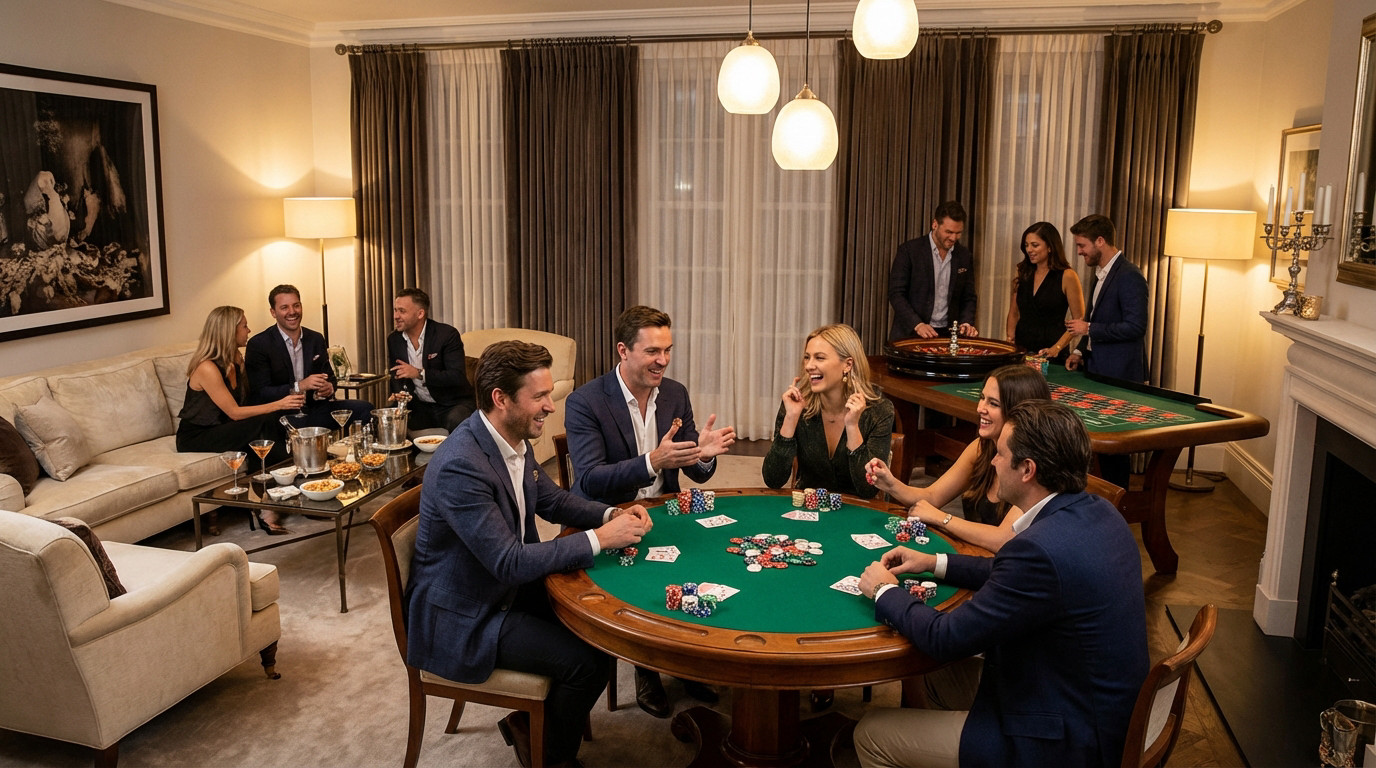Salon décoré pour une soirée casino élégante avec table de jeu et ambiance tamisée