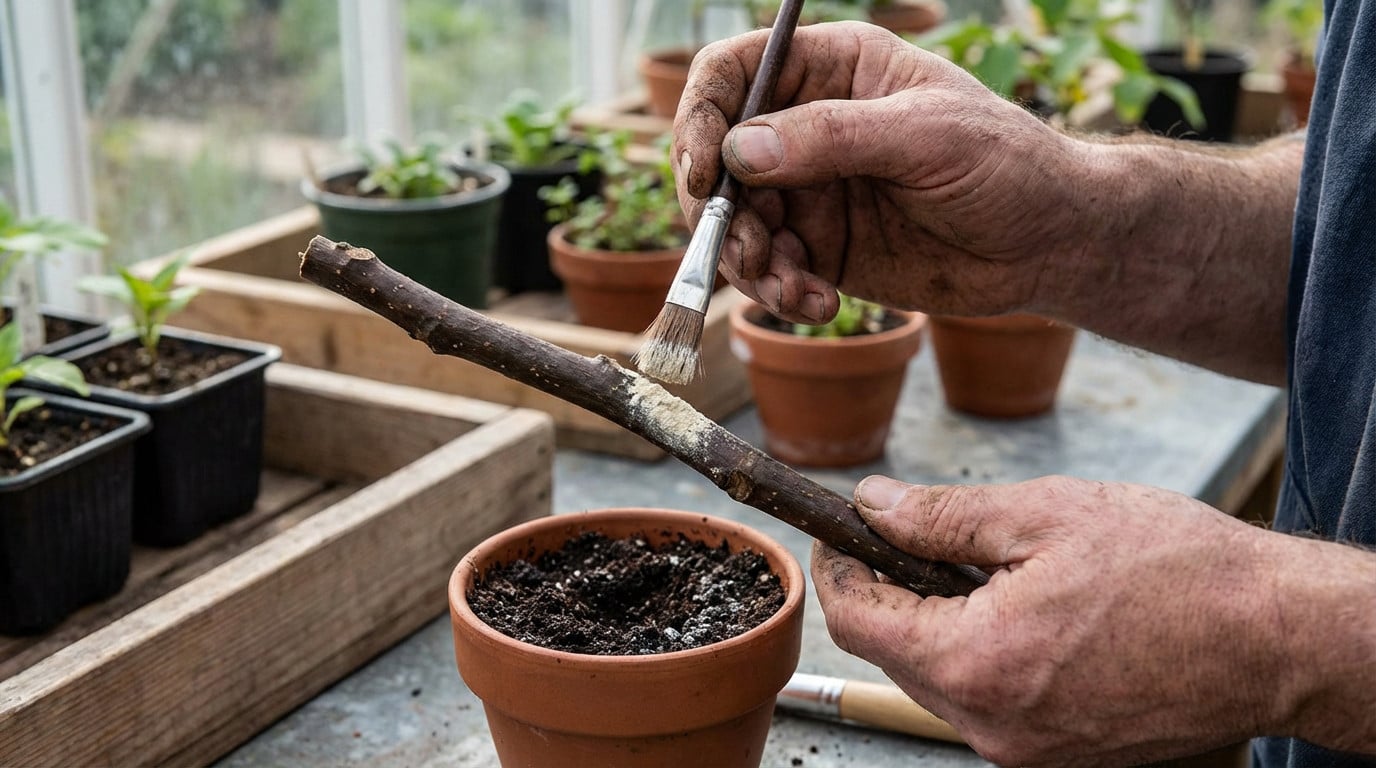 Mains expertes préparant une bouture de noyer avec précision pour favoriser l'enracinement