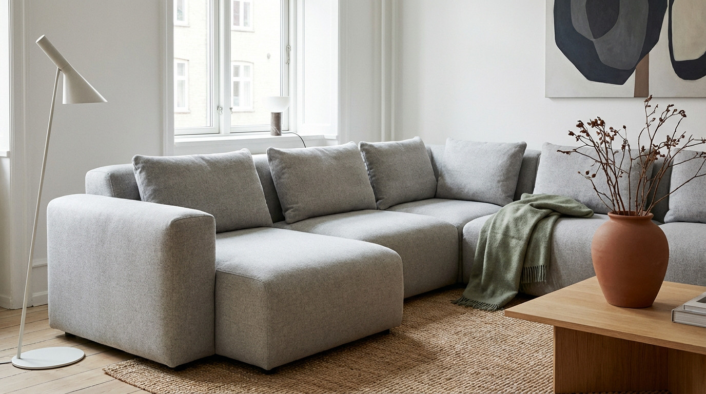 Canapé Hay Mags Soft gris clair au design épuré dans un salon moderne