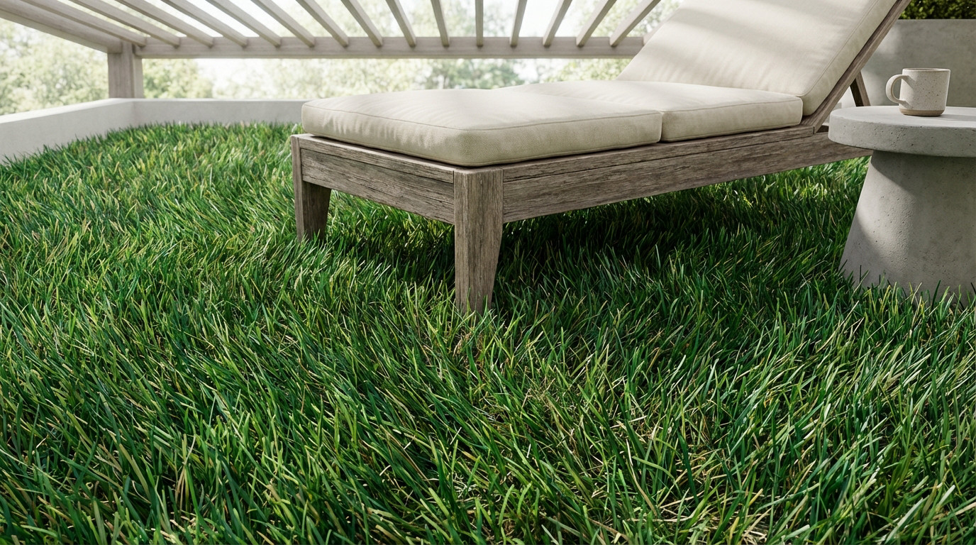 Salon de jardin moderne avec gazon synthétique réaliste et confortable au toucher