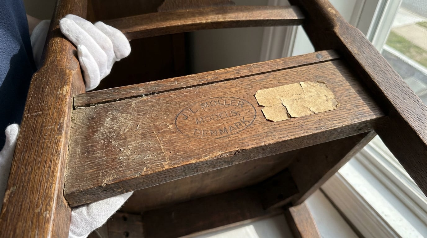 Exemple de marquage d'authentification sous l'assise d'une chaise vintage