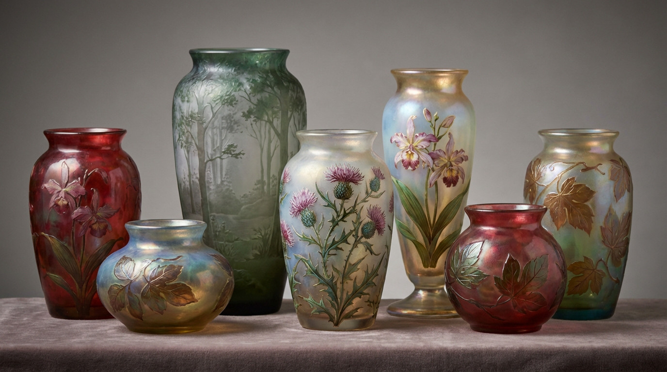 Vase Legras Art Nouveau aux motifs floraux et naturels typiques de la verrerie de Saint-Denis