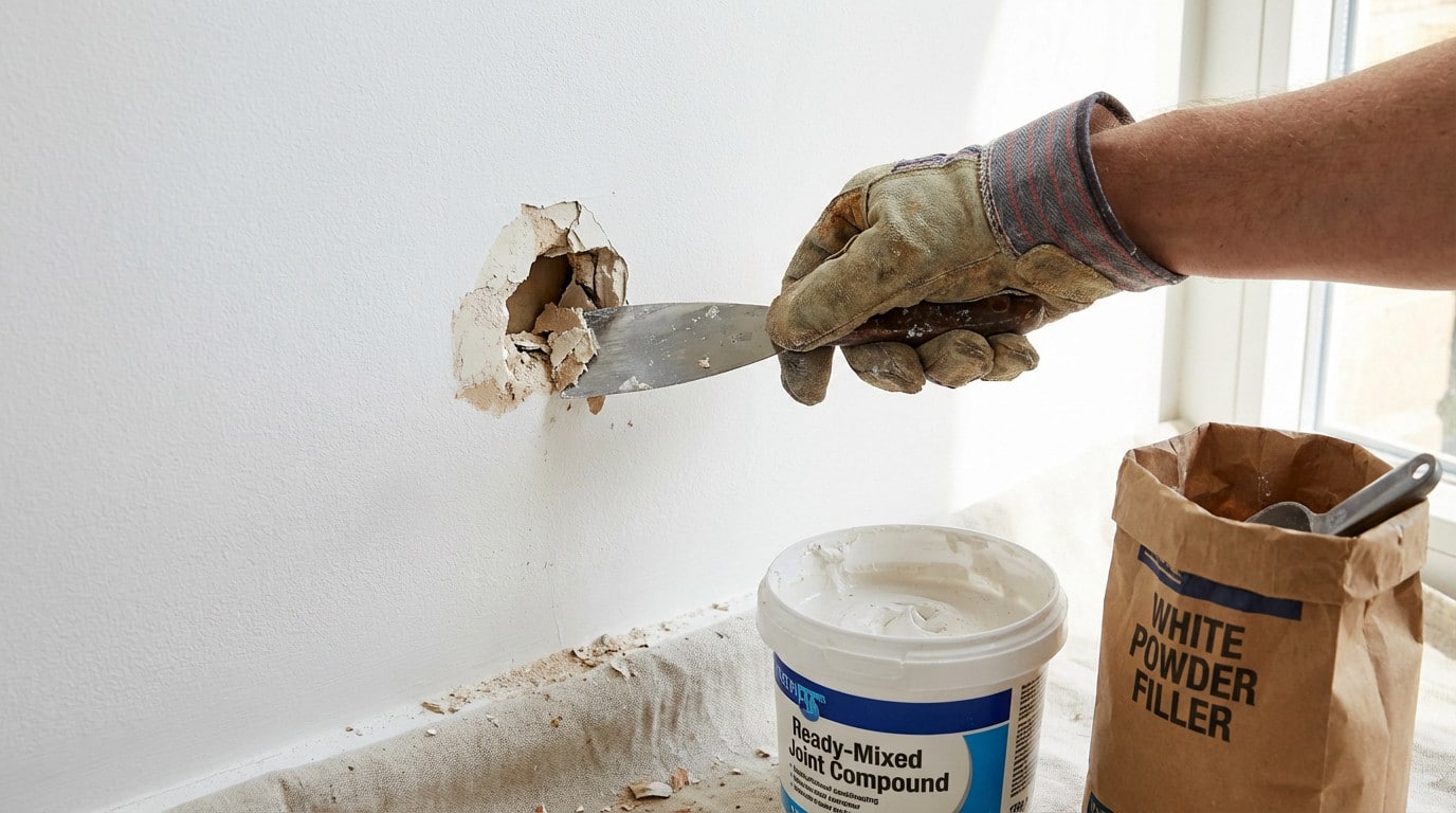 Préparation du mur extérieur : grattage des parties friables avant rebouchage