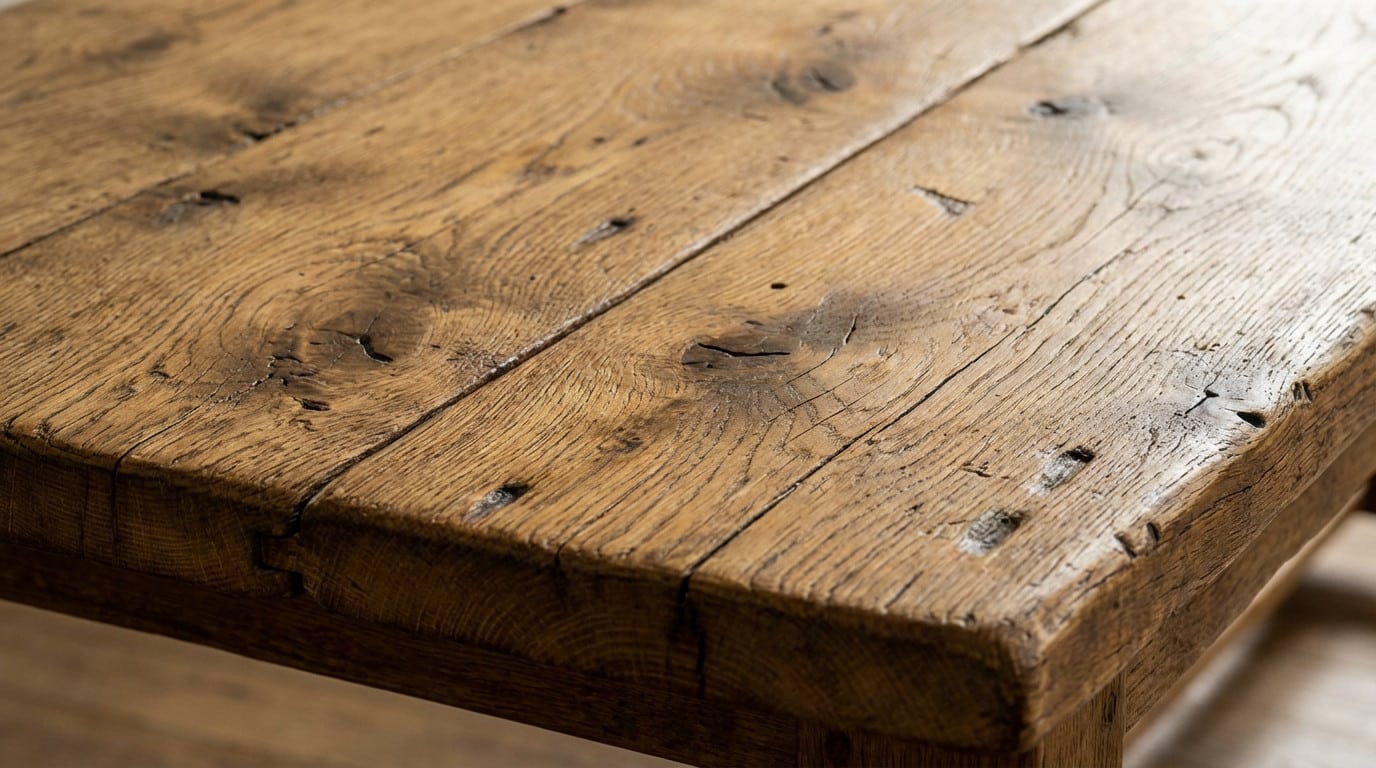 Détail de la texture brute et des veines d'une table en bois de récupération ancien