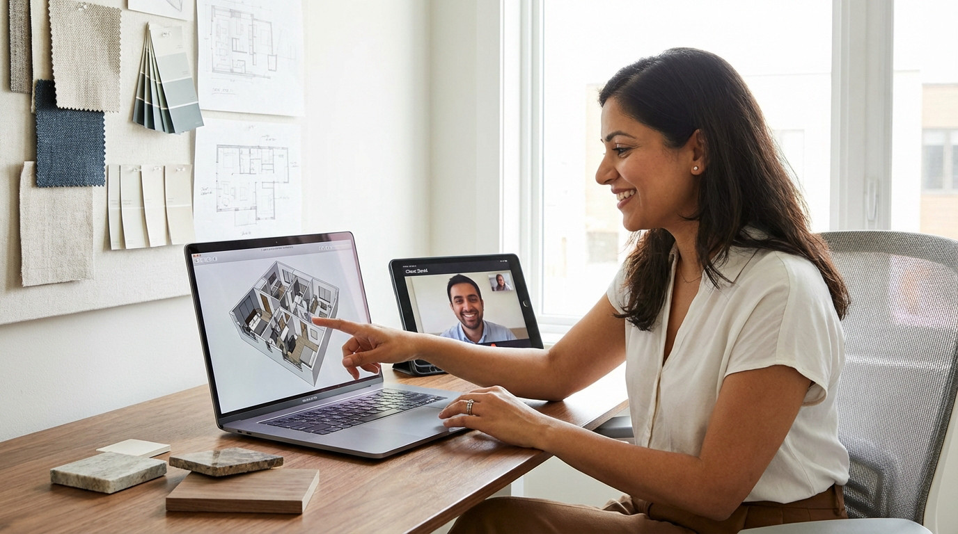Architectes d'intérieur travaillant à distance sur des plans numériques via Tooplans