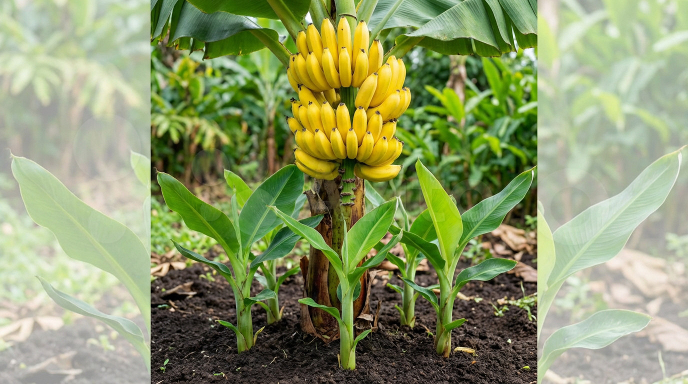 Plant de bananier avec fruits mûrs et nouveaux rejets à la base pour la propagation