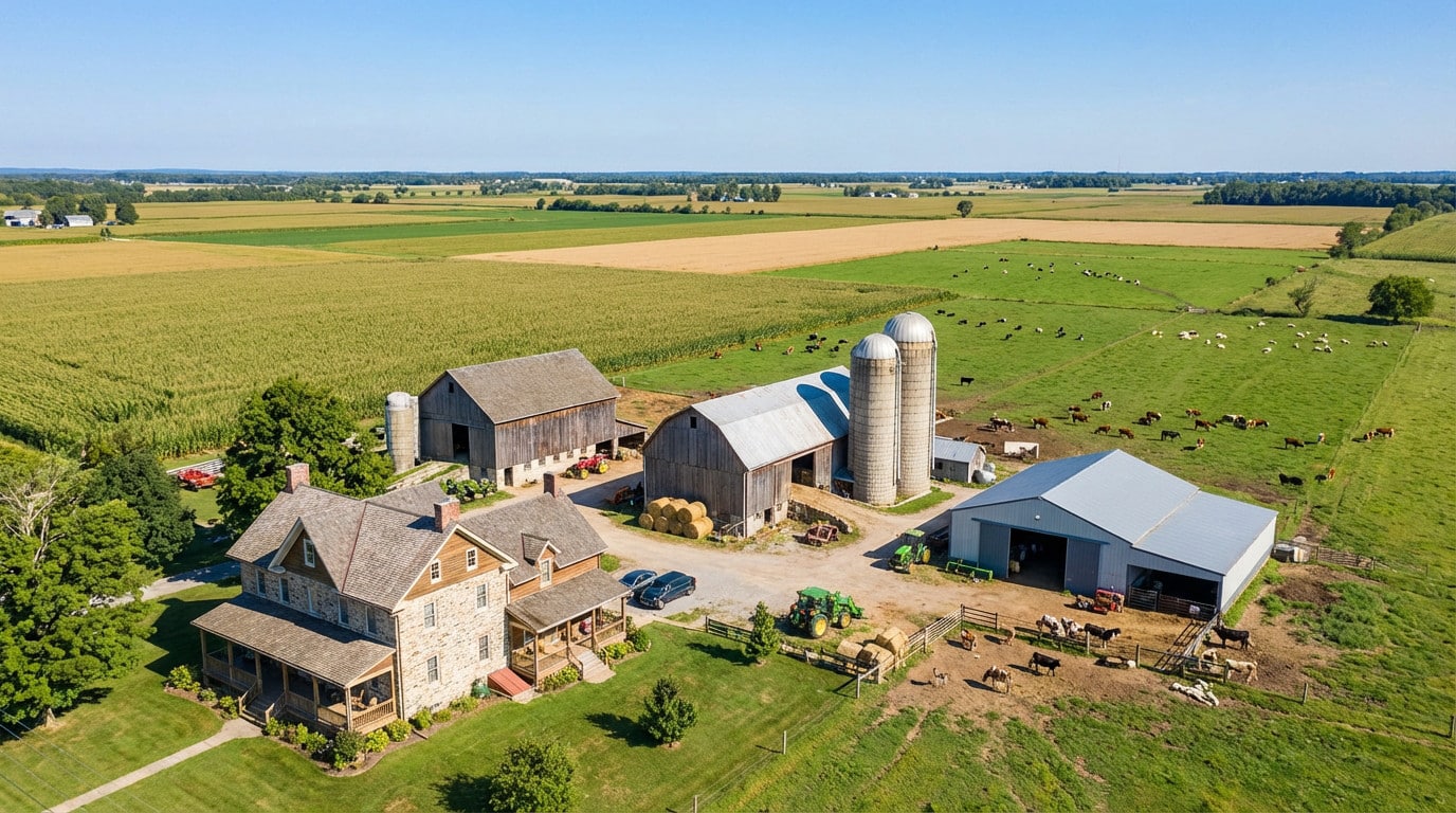 Panorama d'une exploitation agricole avec champs et bâtiments de ferme