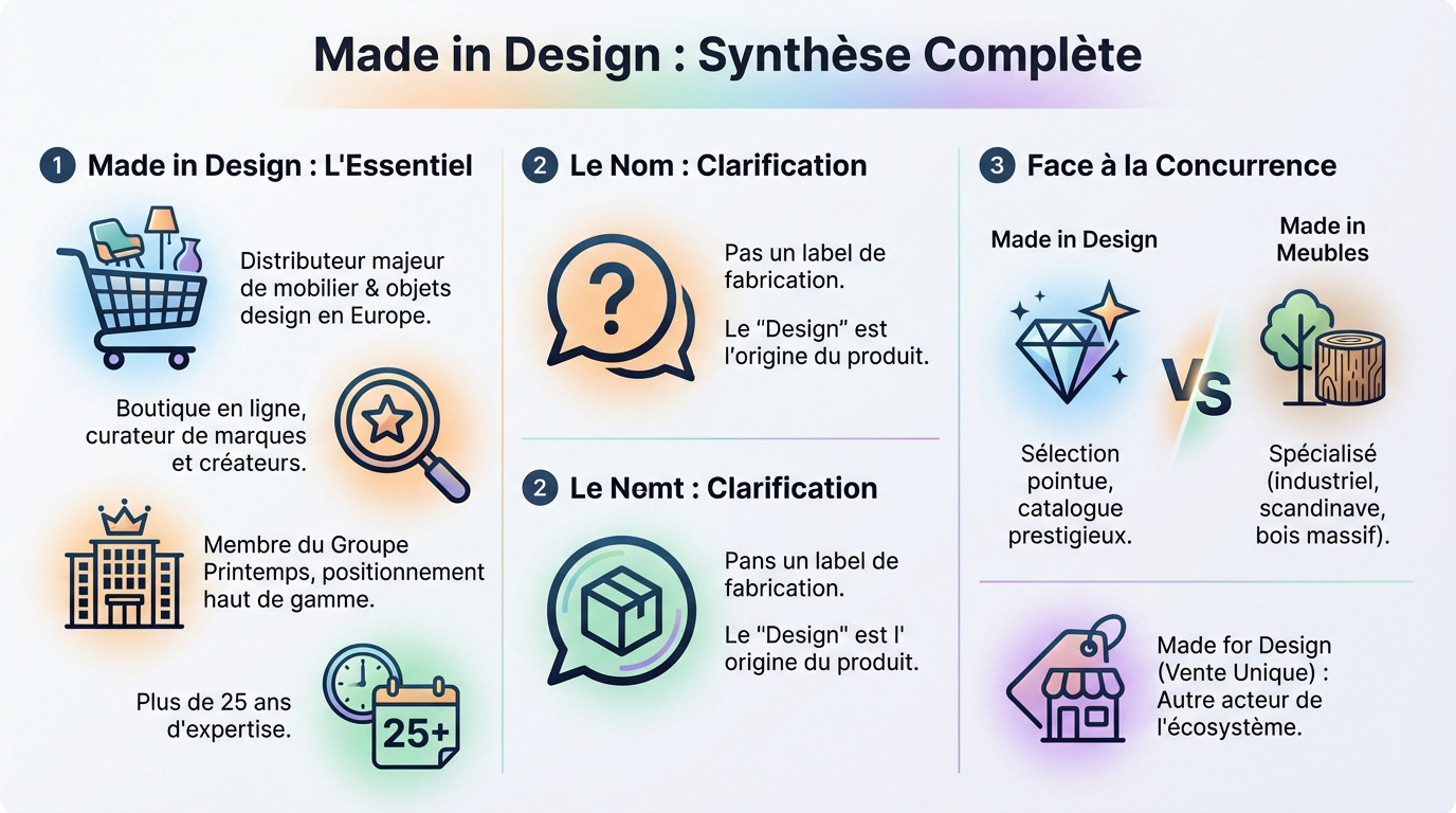 Sélection de mobilier contemporain et accessoires de décoration illustrant l'offre de Made in Design