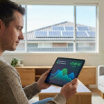 Man in modern living room views solar energy data on tablet, showing savings. Solar panels on roof visible through window.
