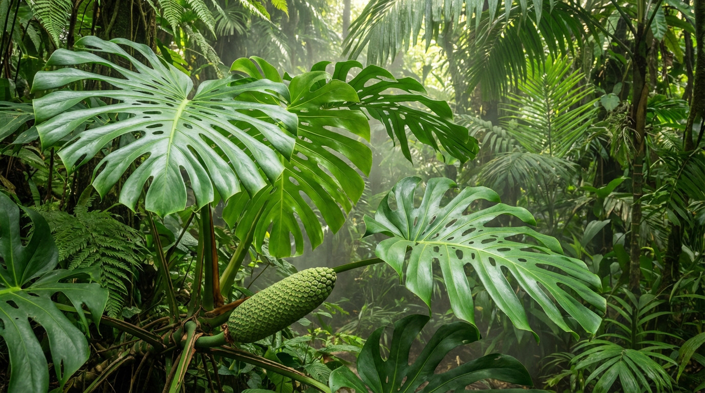 Fruit du ceriman ou Monstera deliciosa dans la jungle tropicale