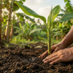 Close-up: Hands plant a vibrant green banana pup in dark soil. Blurred banana trees in warm, sunlit background.