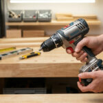 Hands confidently hold a modern cordless power drill in an organized home workshop with tools on a wooden workbench.