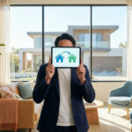 A person in smart casual attire holds a tablet displaying house transfer icons, in a bright modern living room overlooking a house.