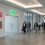 Well-lit modern office corridor with business people and prominent safety signs: green exit, red fire extinguisher, blue mandatory.