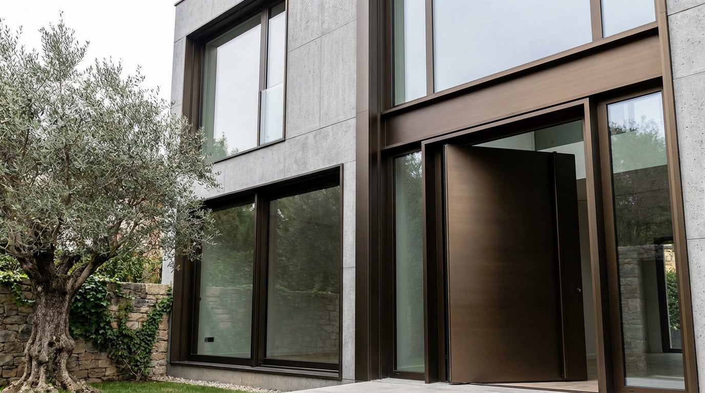 Porte d'entrée en aluminium moderne grise illustrant la durabilité et le design intemporel