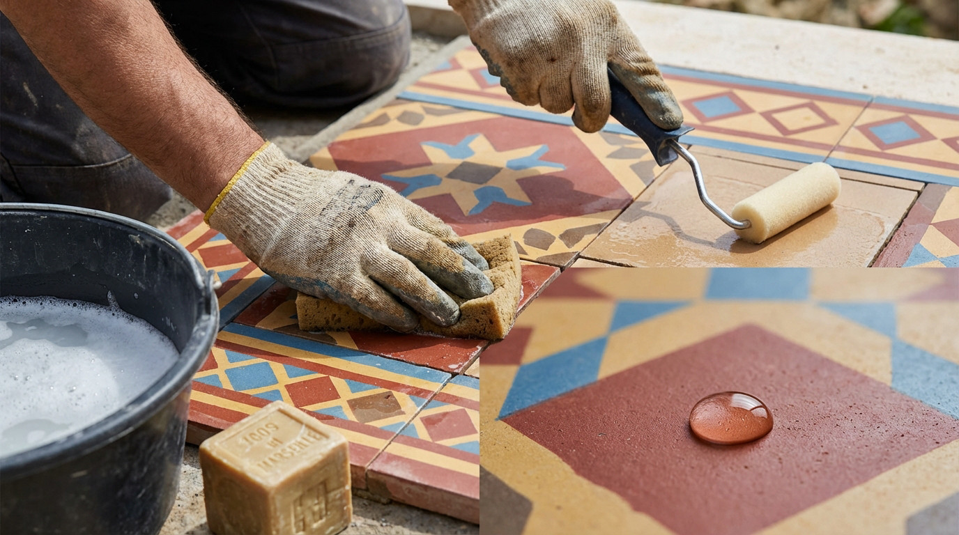 Nettoyage et imperméabilisation de carreaux de ciment imitation après la pose