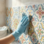 Gloved hand cleaning vibrant, patterned imitation cement wall tiles. Soapy sheen visible. Bucket with soap in blurred background, bright light.
