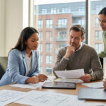 Quatre professionnels discutent de plans immobiliers sur une table avec tablette, devant une fenêtre donnant sur des immeubles.
