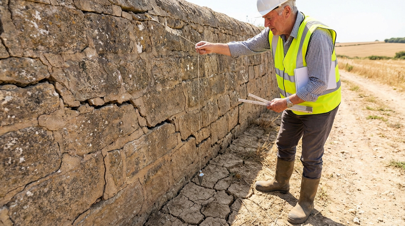 Expert en bâtiment analysant la stabilité d'un mur incliné