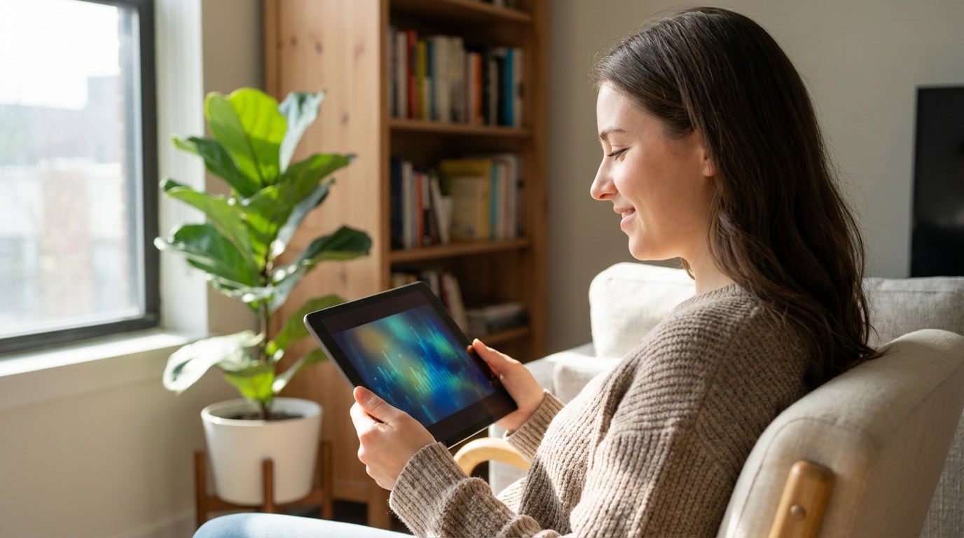 Femme souriante consultant sa tablette pour gérer son budget logement et ses aides financières