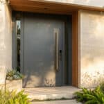 Sleek anthracite modern entrance door on a contemporary facade of light stone and warm wood, with lush plants under golden hour sun.