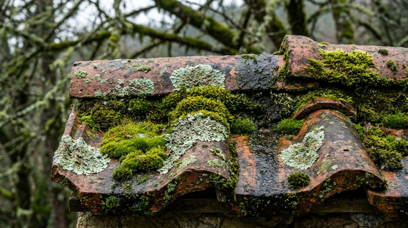 Mousse, lichen et algues envahissant une toiture en terre cuite ancienne