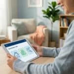 Young adult uses a tablet displaying a 'Housing Support Hub' interface with icons for housing, financial aid, and guidance in a cozy home.