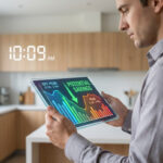 Homme dans une cuisine moderne consultant une tablette affichant les économies d'énergie potentielles entre heures pleines et creuses.