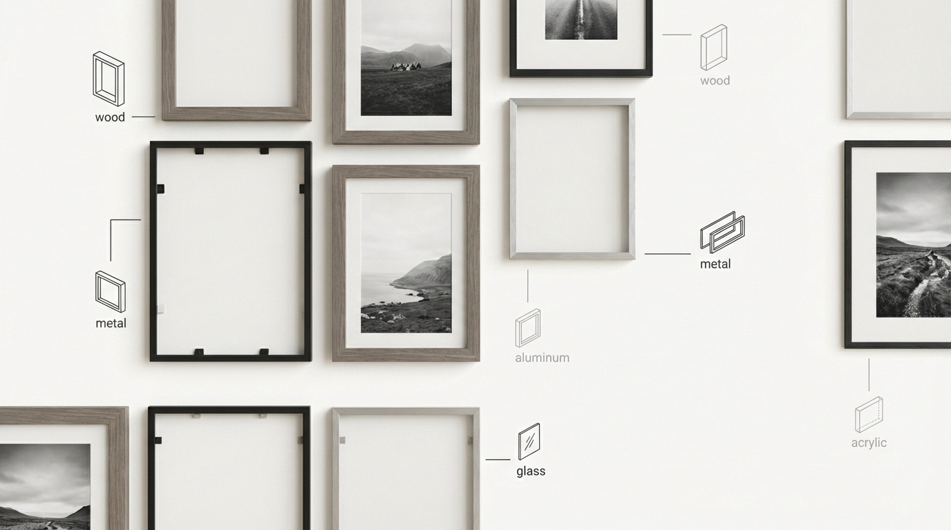 Sélection de cadres photo élégants en bois et métal sur une étagère décorative