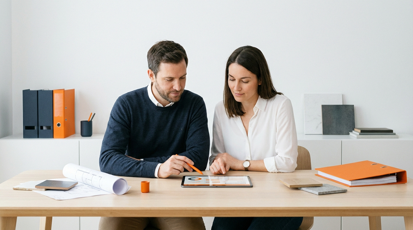 Couple organisant les travaux de leur maison avec des plans