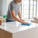 Un homme nettoie un comptoir de cuisine blanc avec un chiffon bleu et un vaporisateur. Intérieur lumineux moderne.