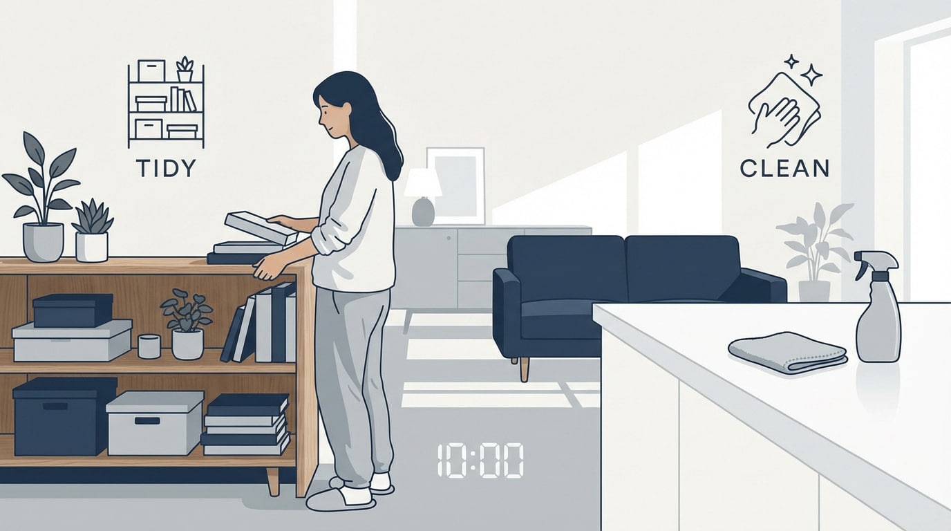 Intérieur épuré et organisé illustrant une routine de ménage efficace