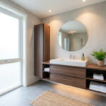 Salle de bain moderne: meuble vasque suspendu en bois foncé, colonne rangement, miroir rond, carrelage gris clair et grande fenêtre.