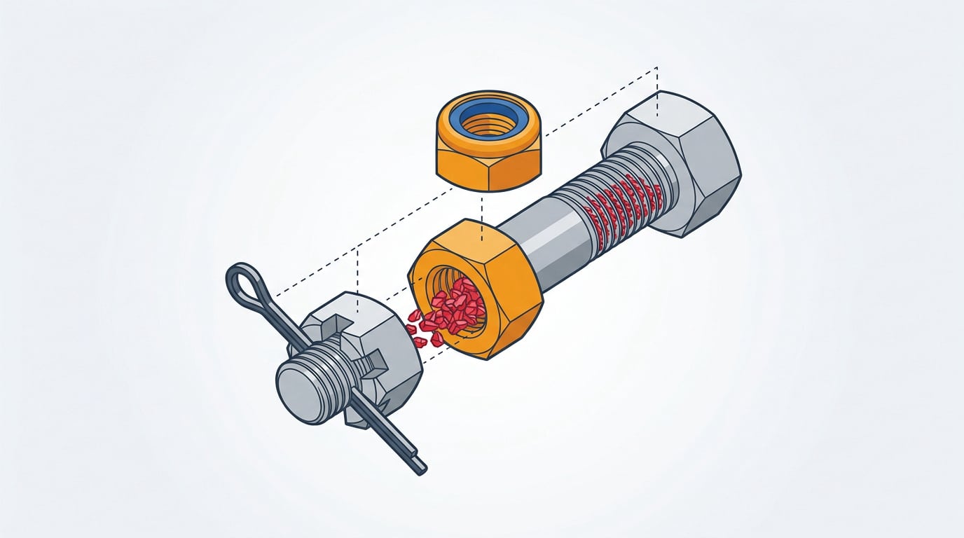 Vue éclatée d'un assemblage mécanique sécurisé avec écrou et boulon