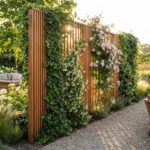 Panneau brise-vue en lattes de bois végétalisé par lierre et fleurs roses. Lumière douce sur un coin salon de jardin entouré de verdure.