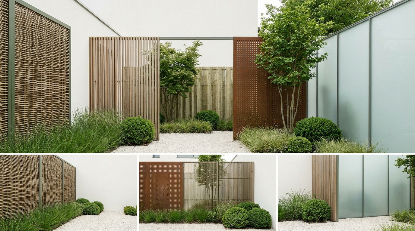 Aménagement de jardin minimaliste avec panneaux occultants et végétation