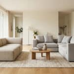 Salon lumineux avec une méridienne beige et un grand canapé d'angle gris. Sol en bois, tapis, table basse en bois.