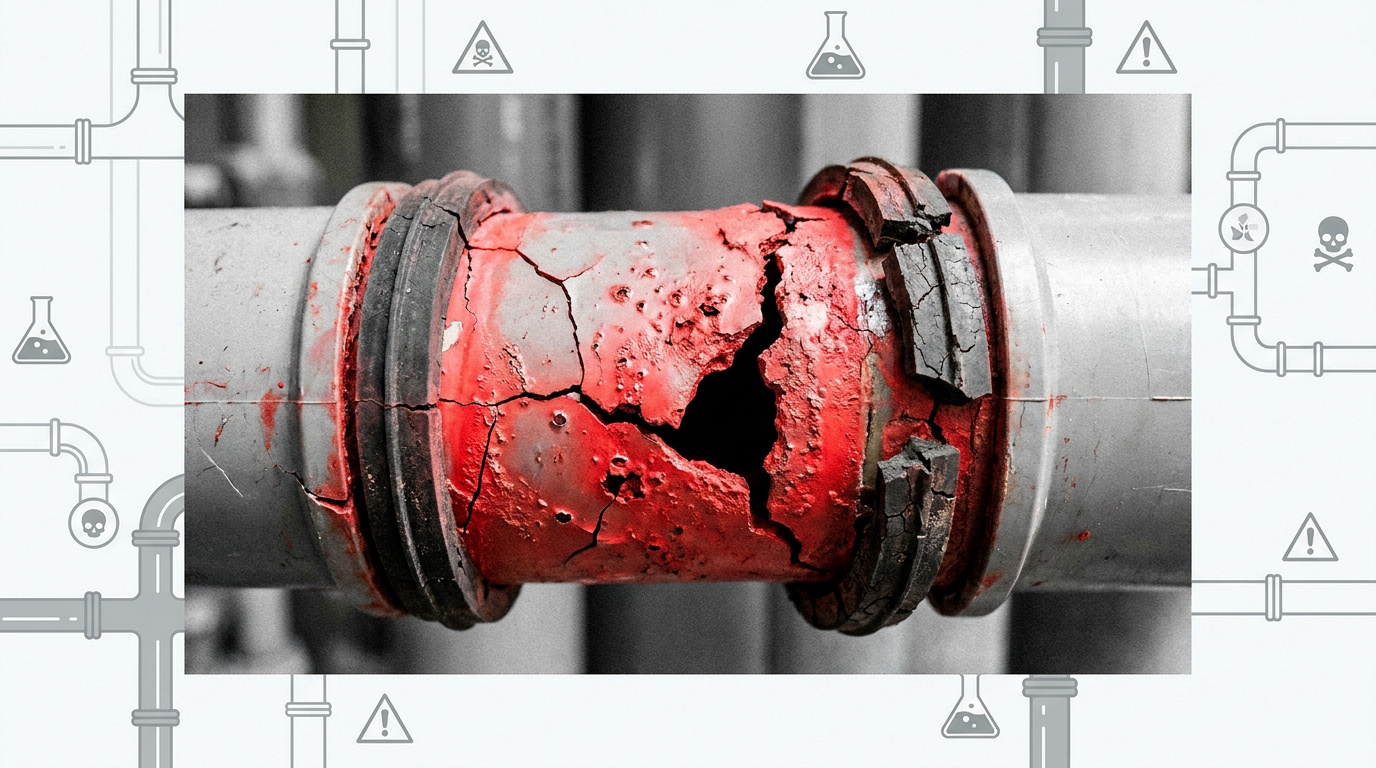 Vue rapprochée d'une canalisation en PVC présentant des fissures et des signes de corrosion chimique.