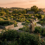 Un homme examine son jardin potager aménagé avec des bacs en bois et des allées en pierre au coucher du soleil dans l'Orne.
