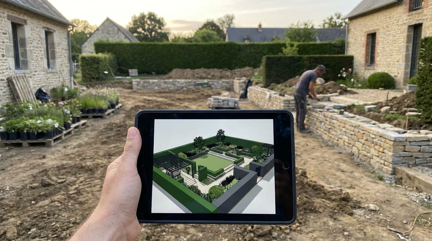 Modélisation 3D d'un aménagement de jardin paysager en Normandie avec terrasse et massifs