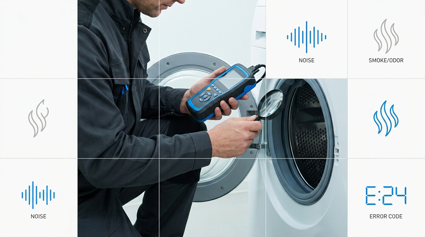 Technicien inspectant les composants internes d'un lave-linge pour identifier une panne