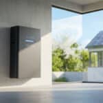 Batterie domestique Voltedge noire fixée sur un mur intérieur dans une maison moderne avec panneaux solaires.