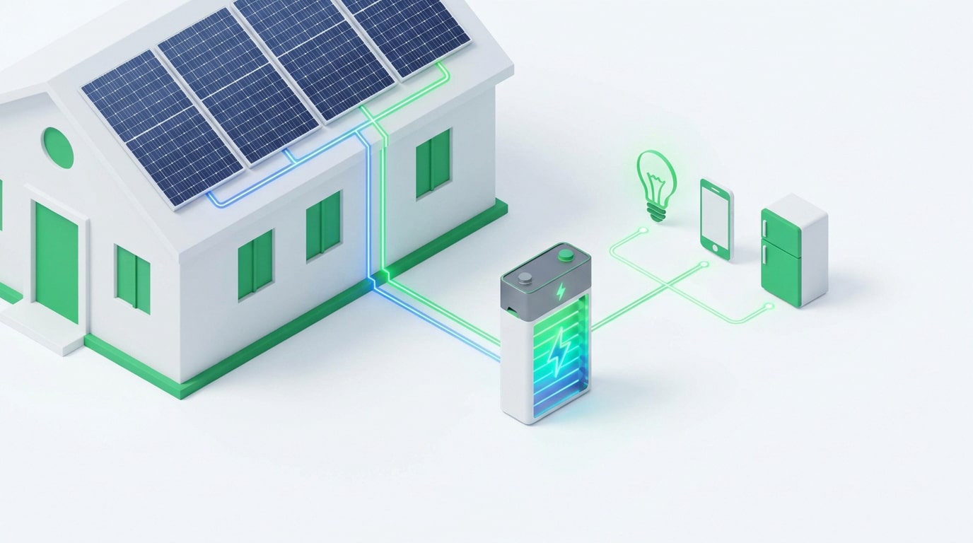 Maison moderne équipée de panneaux photovoltaïques et d'un système de stockage par batterie solaire