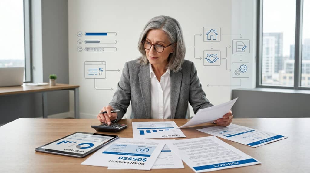 Une professionnelle analysant des documents financiers et immobiliers avec des icônes de processus en arrière-plan.