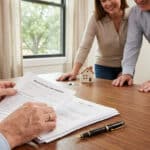 Un couple signe un contrat d'achat immobilier devant un notaire ou un conseiller sur une table en bois.
